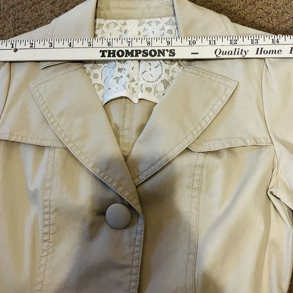 VTG Designer Women’s Mid Long Trench Coat Belted Jacket Overcoat Slim Fit Tan S - Picture 11 of 13